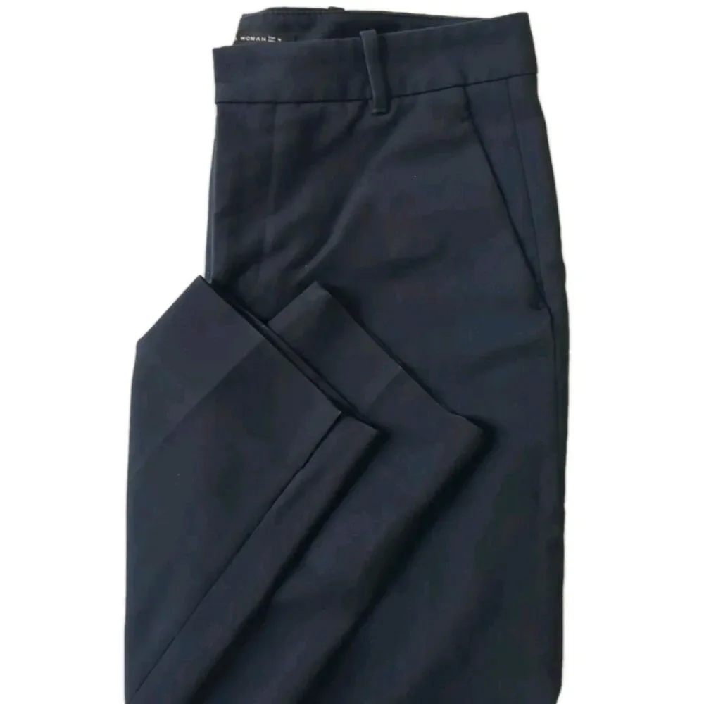 Zara Women Pants Medium Casual Flat Front Belt Loops Zip Chino Pkts Navy Blue M